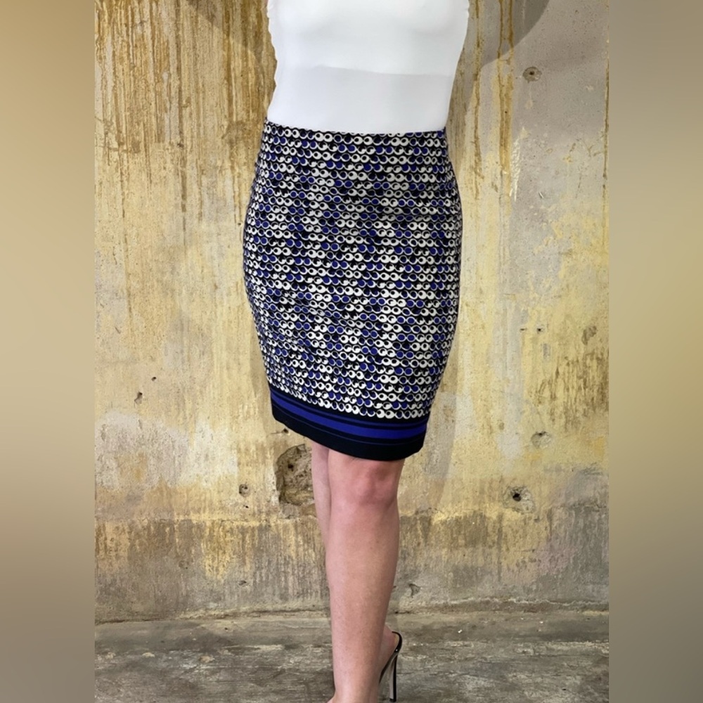 Ann Taylor Blue Black Print‎ Pencil Skirt 10 P Petite (A6)